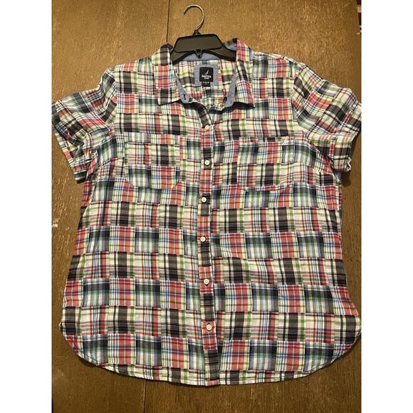 Nautica Jeans Women's Blue Patchwork Plaid Camp Button-Up Shirt Top Size:: XL - Picture 2 of 6